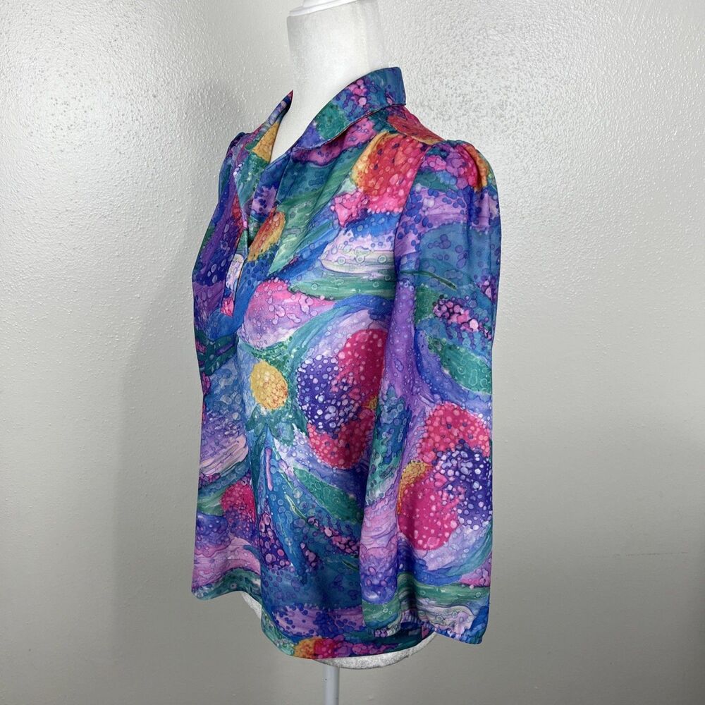 Vintage Devon 70s Blouse Women Medium Neon Purple Green 3/4 Sleeve Union Made - Picture 2 of 14